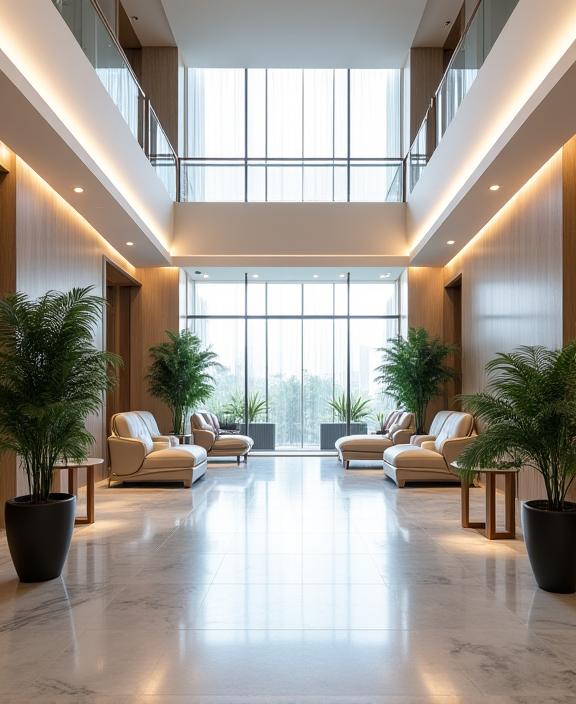 A sophisticated and modern hotel lobby with minimalist furniture and high ceilings.
