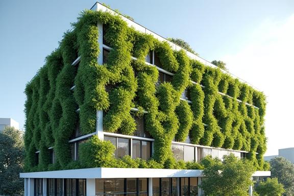 A modern hotel exterior featuring a vertical garden wall and solar panels.